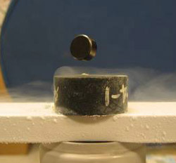 superconductivity A superconductive levitation. Source: M. Peck/Cornell University.