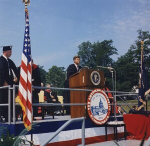 John F. Kennedy at American University, Washington DC, 10 June 1963, courtesy of the JFK Library, Public Domain. 