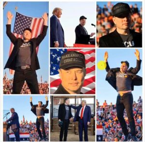 Montage on 7 October Trump Rally with Elon Musk dancing on the podium platform.