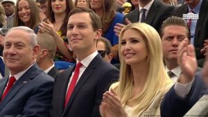 Jared Kushner, with his wife Ivanka (Trump) Kushner as members of the US Presidential Delegation for Jerusalem Embassy dedication ceremony, alongside Prime Minister Bibi Netanyahu (left) on 14 May 2018. Photo: the White House, public domain.