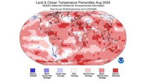 This map shows August 2024 global temperature percentiles. NOAA depicts those areas of record warmth for any previous August in 2024 in the darkest red. (Public Domain.)