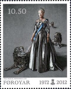 Stamps of the “autonomous” Danish Territory, the Faroe Islands, in 2012 displaying Queen Margrethe II with some Viking wolf-hounded-like Lions, public-domain.